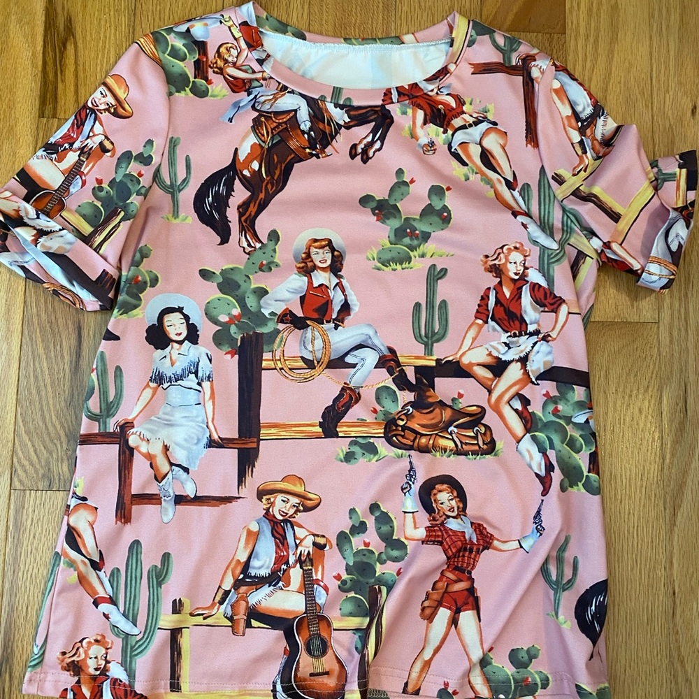 SHEIN Pink Western Cowgirl Print Short Sleeve Tee